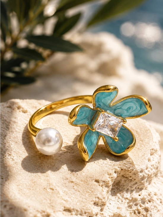 Anthropologie Jewelry - Gold plated Ring with Turquoise Enamel Flower and Pearl